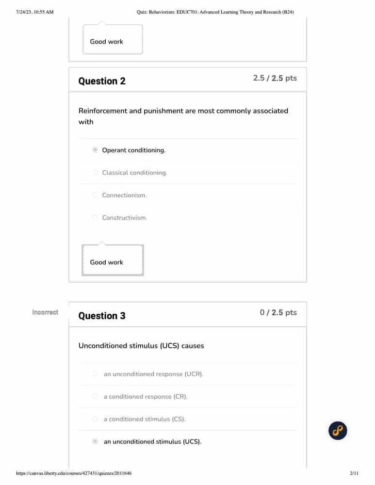 EDUC 701 Behaviorism Quiz Liberty