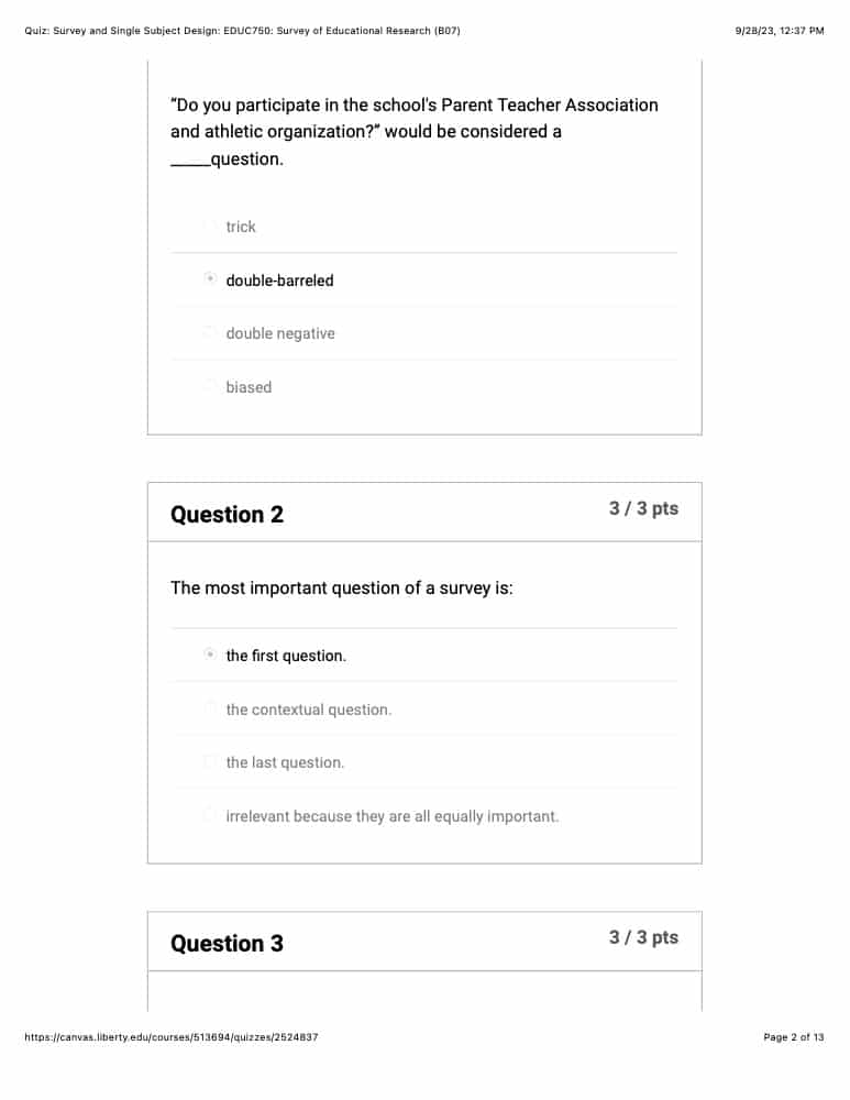 EDUC 750 Quiz Survey and Single Subject Design Liberty